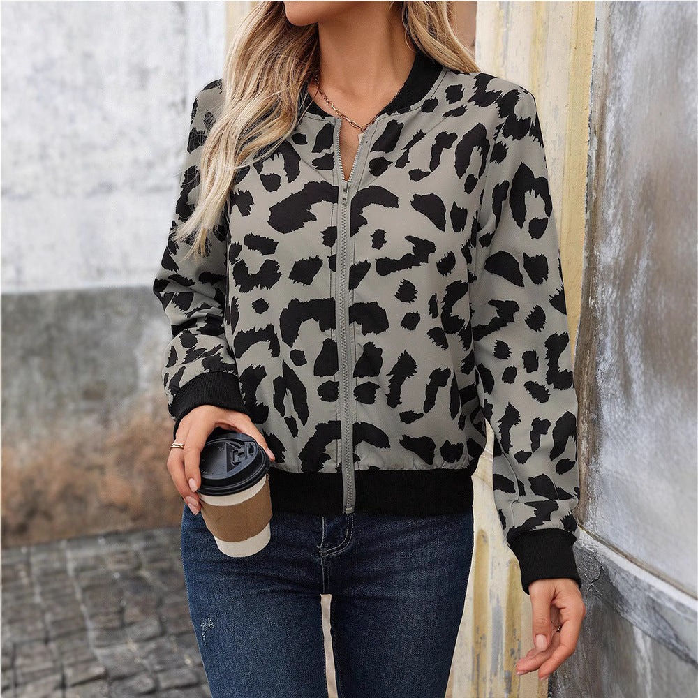 European and american cross-border  leopard print women's cardigan jacket long sleeve versatile cropped baseball jacket