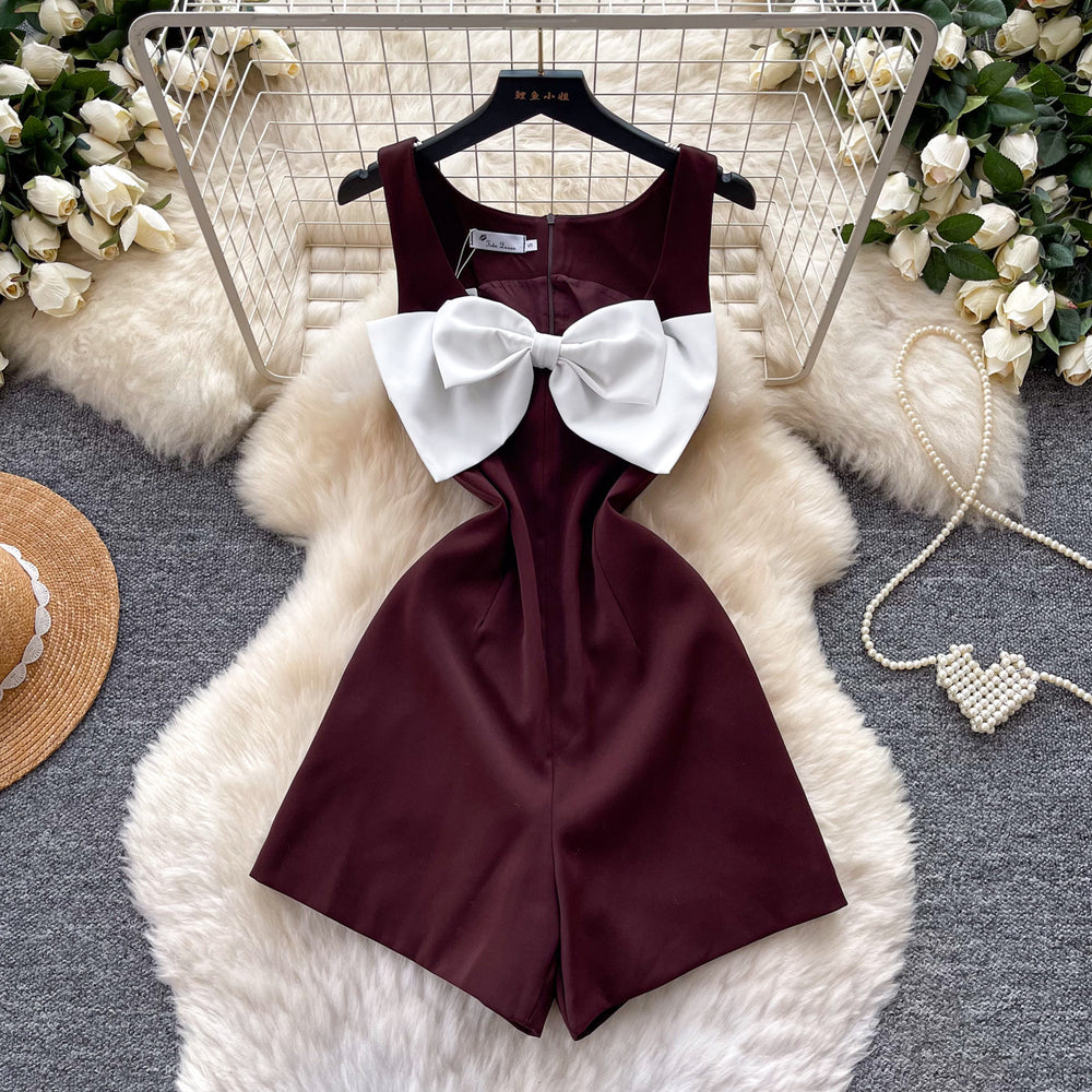 French style bowknot romper - summer high-waisted slimming jumpsuit for petite women - simple and chic