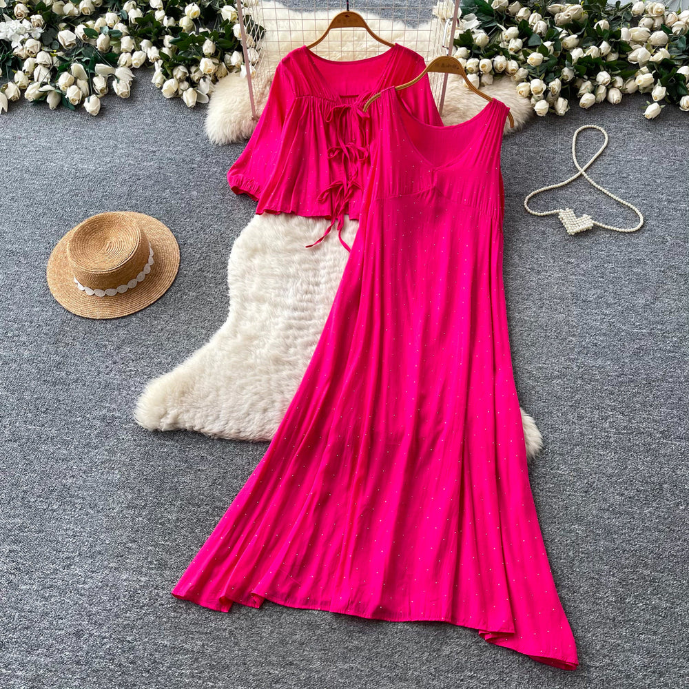 Vacation-style rose red sequin bodycon two-piece set for women,  autumn commute chic outfit, versatile style