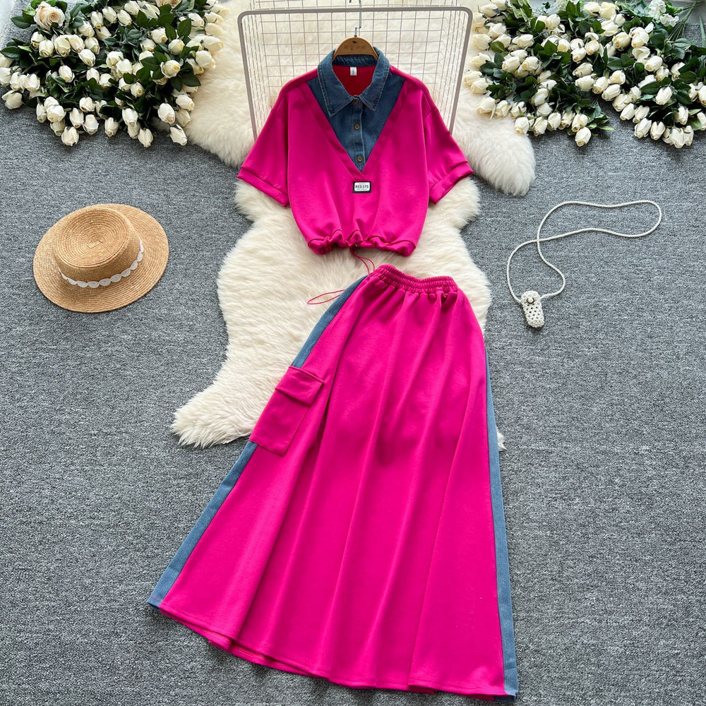 Salt style light mature two-piece set women's summer drawstring waist fake two-piece short-sleeved topshigh waist denim patchwork skirt