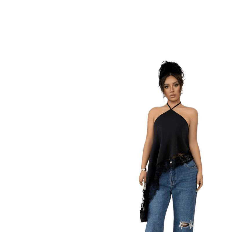 Women's summer new fashion elegant solid color lace patchwork asymmetrical hem backless halter tank top