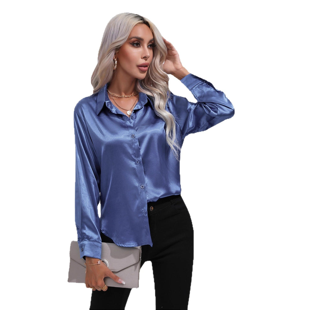 Hot-selling real shot: women's satin shirt - faux silk long sleeve blouse, new spring/summer collection, european & american cross-border women's fashion