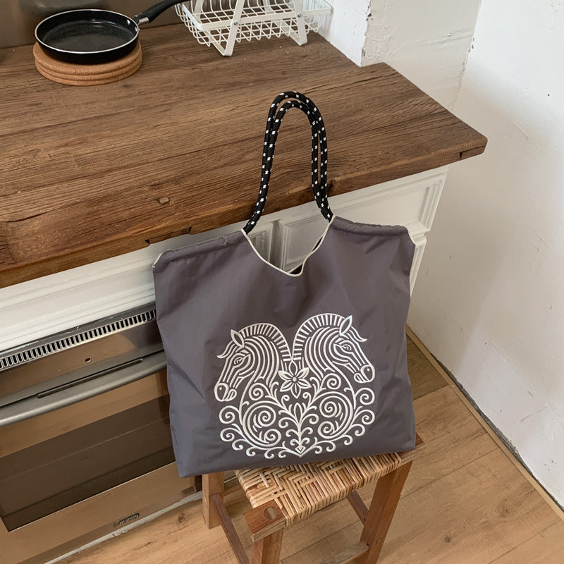 Casual women's shoulder & crossbody bag - large capacity shopping tote - nylon canvas bag - spring handmade printed fabric bag