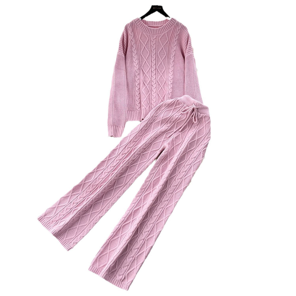 Fashionsuit women's french gentle style loosecable stitchsweatersweaterhigh waistslimming lookdrapedpantstwo-piece set