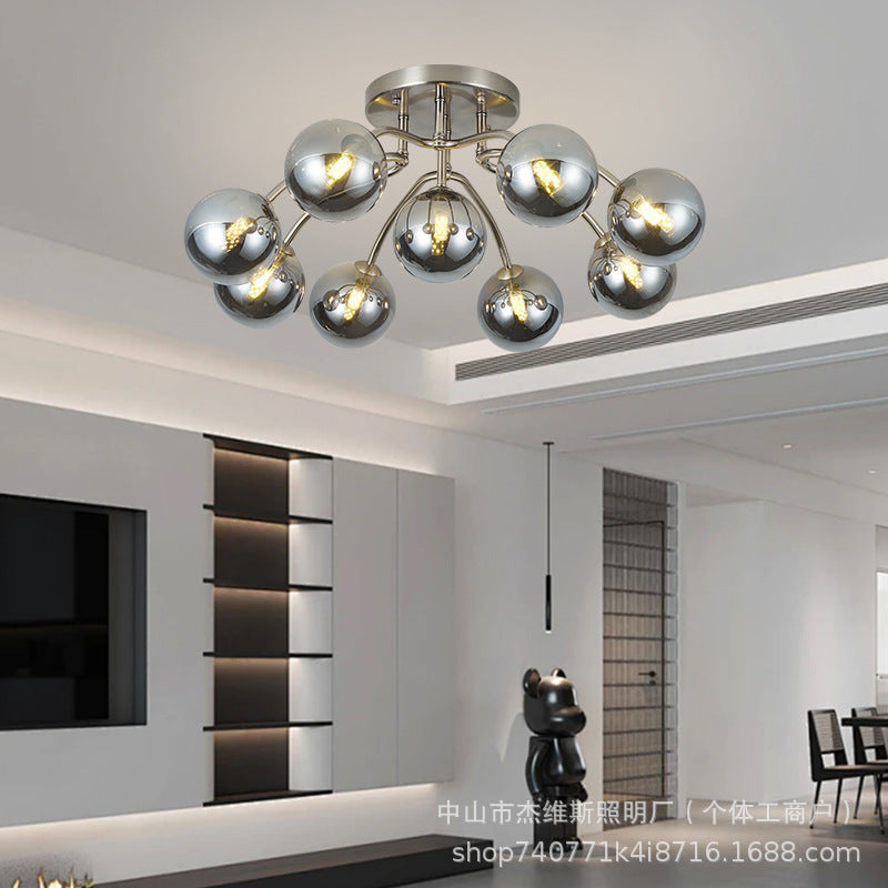 Nordic light luxury magic bean molecular silver electroplated semi-transparent round glass living room chandelier - modern minimalist
