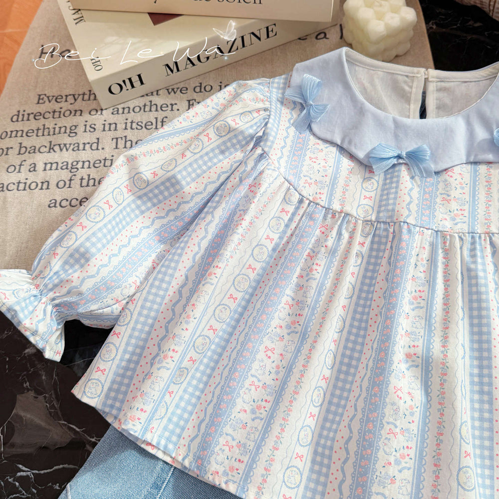 Spring new girls' bowknot lace collar long-sleeve shirt, baby girl blouse, stylish children's top, kids' clothing