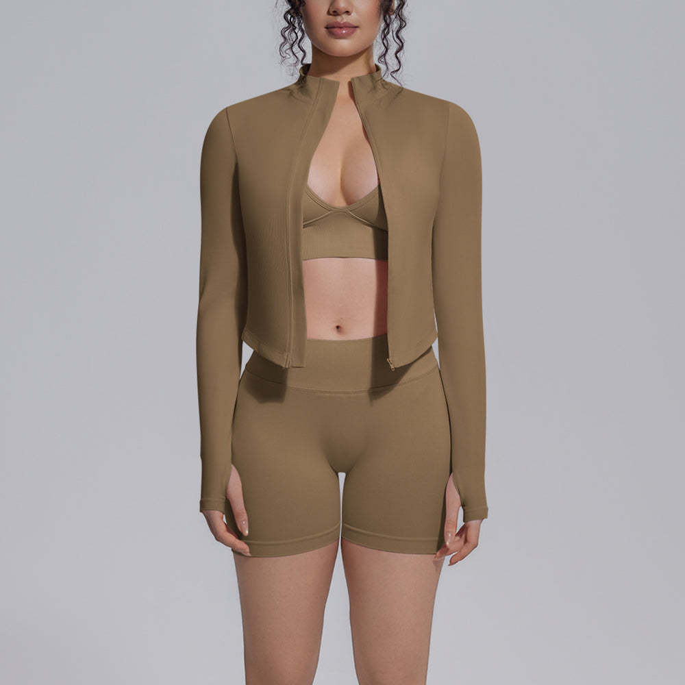 New seamless solid color high-waisted leggings, high-stretch backless shorts, and sports bra 3-piece set for running, fitness, and yoga