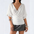 French-style criss-cross v-neck batwing sleeve top - women's slimming, ruched, and figure-flattering t-shirt for a chic and gentle commute