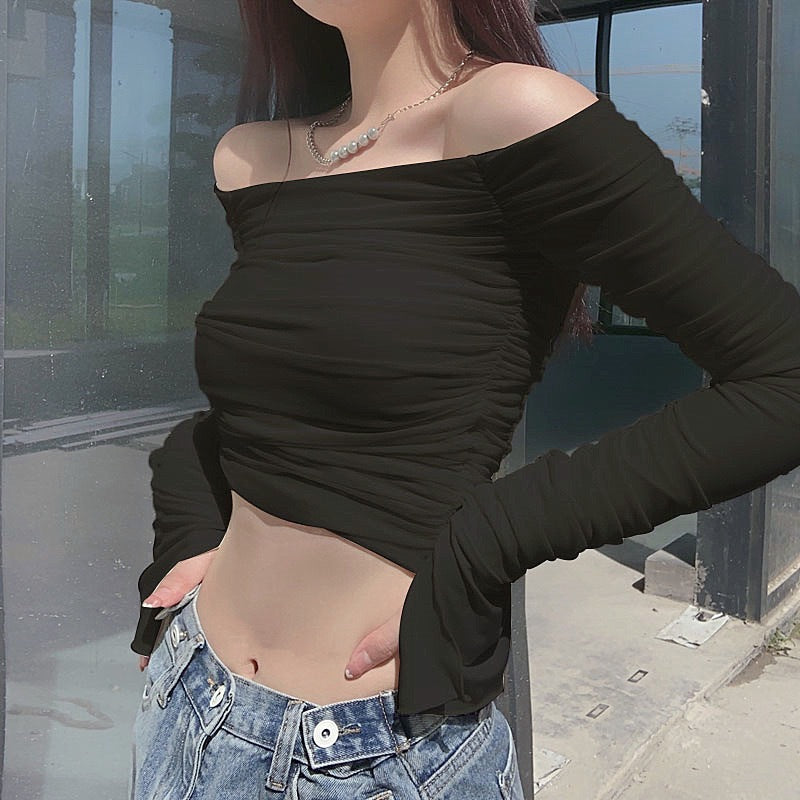 Export fashion new arrivalsexy double-layer mesh tops sweet one-shoulder pleated bell long sleeves t-shirt for women