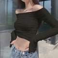 Export fashion new arrivalsexy double-layer mesh tops sweet one-shoulder pleated bell long sleeves t-shirt for women