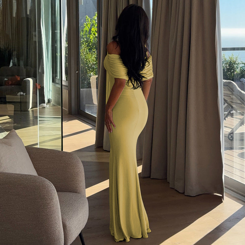 European and american style cross-border women's bodycon slit solid color bodycon dress with off-the-shoulder and asymmetrical design