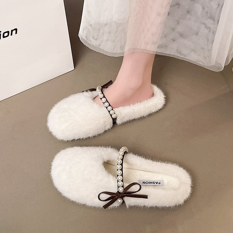 Plus size fairy style pearl half-sole flat slippers -  autumn korean style warm lazy bowknot fuzzy slippers