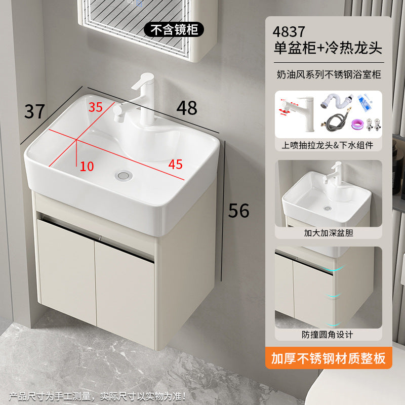 Small apartment bathroom cabinet Thickened stainless steel washstand Integrated cabinet Storage mirror Washstand Deepened ceramic integrated basin