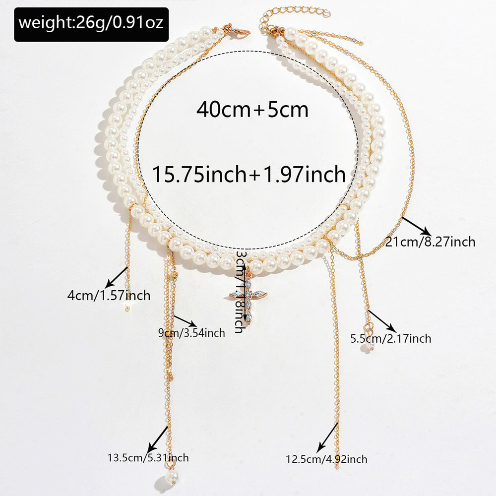 European and american retro multi-layer tassel cross necklace - trendy, edgy, sweet & cool ins style faux pearl choker clavicle chain