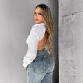 women's long-sleeve european and american solid color single-breasted cardigan loose open-back sexy blouse top - elegant