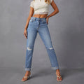 Independent station raw edge jeans for women new arrivalfashion ripped raw edge straight-leg pants stretch washed jeans