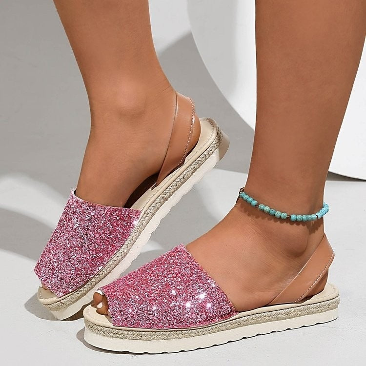 Export sequinflats fish mouth sandals women's fashionplus size shiny open toe soft bottom sandals cross-border export shoes wholesale