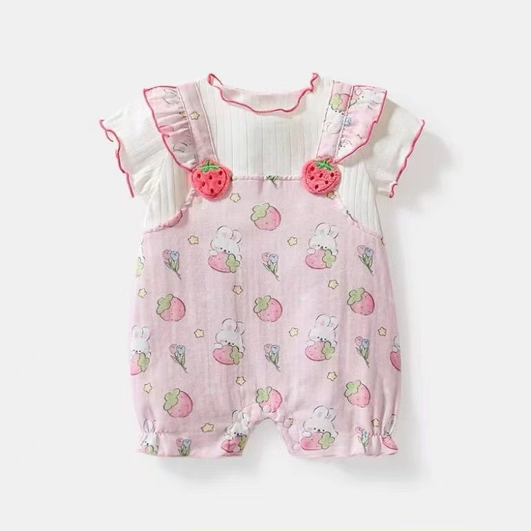 Baby girl summernew arrival short-sleeved jumpsuit girl summer clothes romper thin strawberry flying sleeves newborn jumpsuit