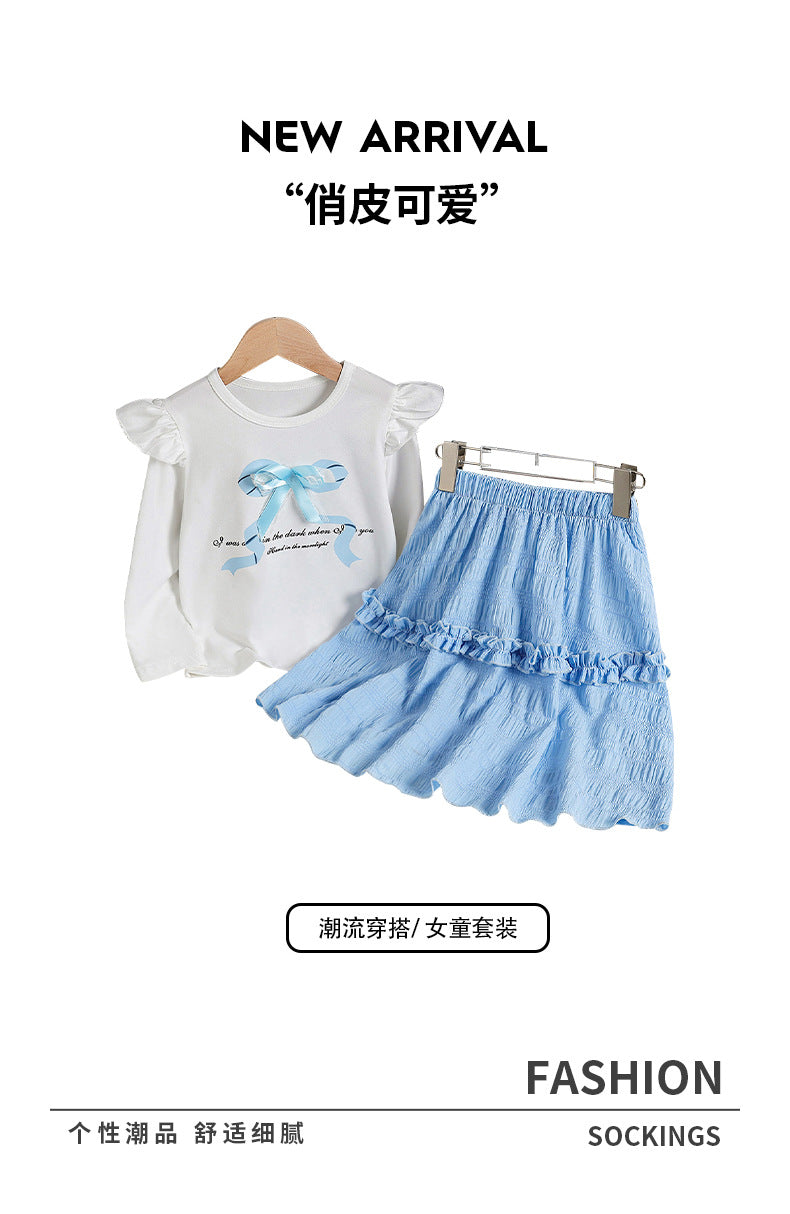 Girls' autumn skirt set for export: sky blue lace-trimmed skirt with round neck long-sleeve top and bow detail - two-piece outfit for children