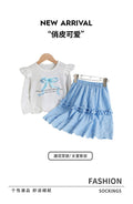 Girls' autumn skirt set for export: sky blue lace-trimmed skirt with round neck long-sleeve top and bow detail - two-piece outfit for children