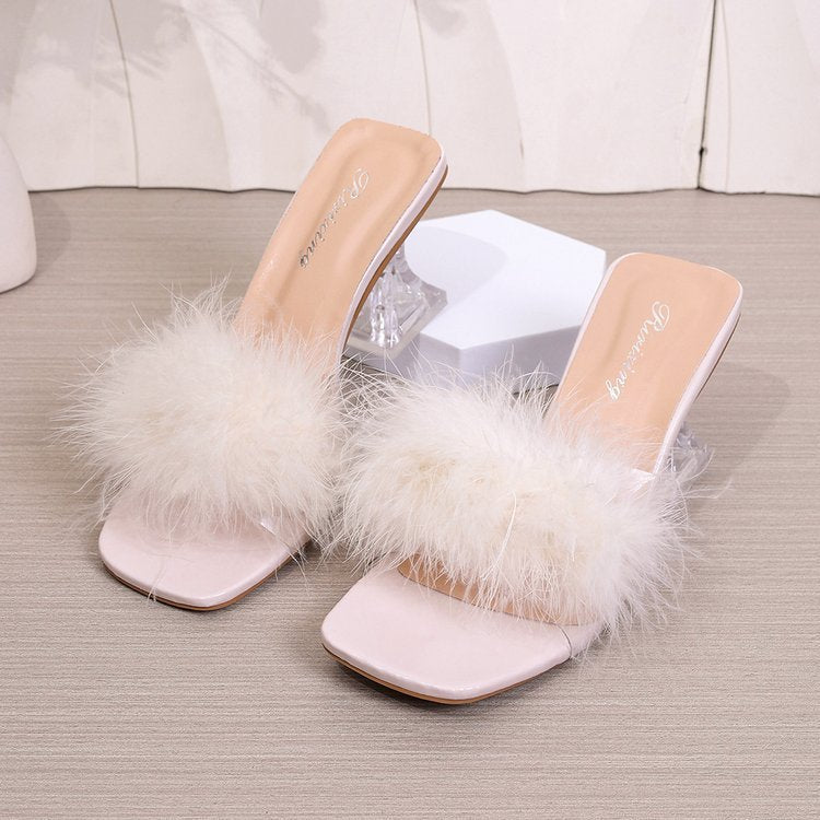 plus sizefashion high-heeled slippers transparent 2026 french furry open toe square toe wine glass heel slippers wholesale