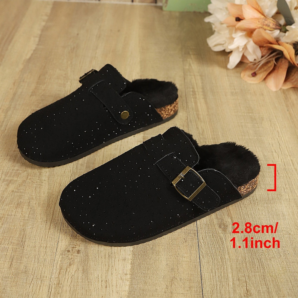 Fleece-linedthick sole baotou boken slippers autumnew arrivalheattech rhinestone cross-border plus sizeoutwear half slippers for women