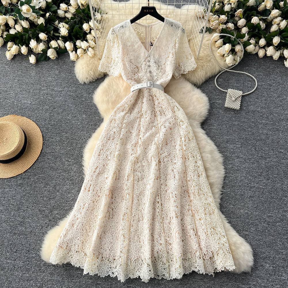 Xiaoxiangfeng dress women's frenchclassy sweet doll collar short sleeve waist slimming looklonglace dress
