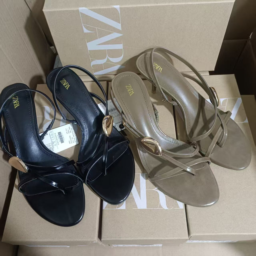 2025 summer new french chic thin strap thong chunky heel sandals women's outdoor versatile single strap beach sandals 203-27