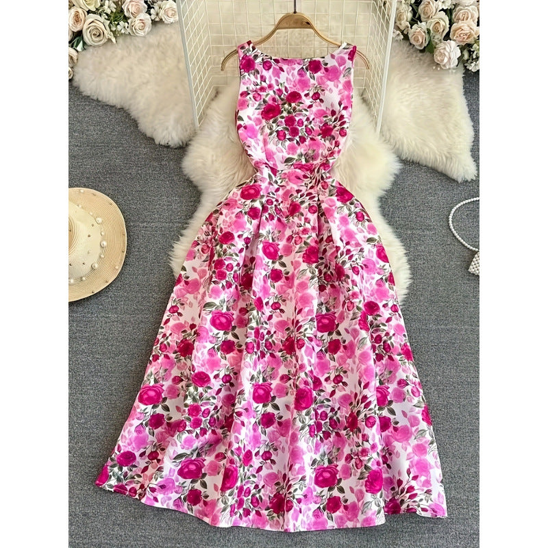 code new arrival  original women's elegancefloralsprinting round neck back slit a-line skirt