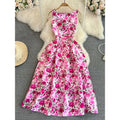 code new arrival  original women's elegancefloralsprinting round neck back slit a-line skirt