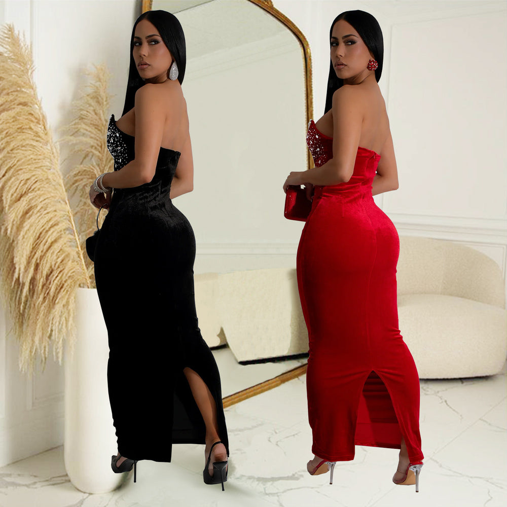 C7217 cross-border   fashion women's off-the-shoulder slit rhinestone bodycon dress - new