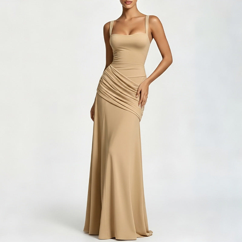 european and american export women's clothing: elegant and sexy solid color sleeveless cinched waist swing dress with spaghetti straps