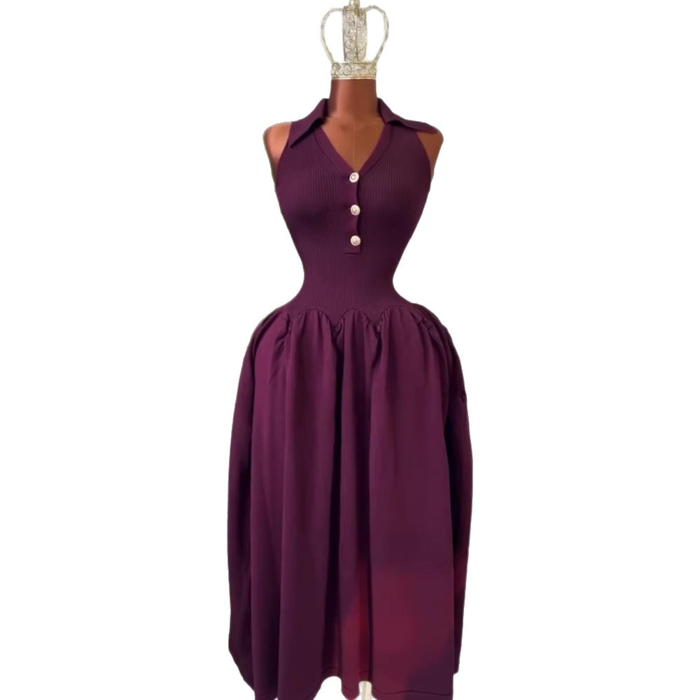 European and american cross-border women's fashion  summer new arrival: elegant lapel v-neck high-waisted a-line midi sleeveless dress