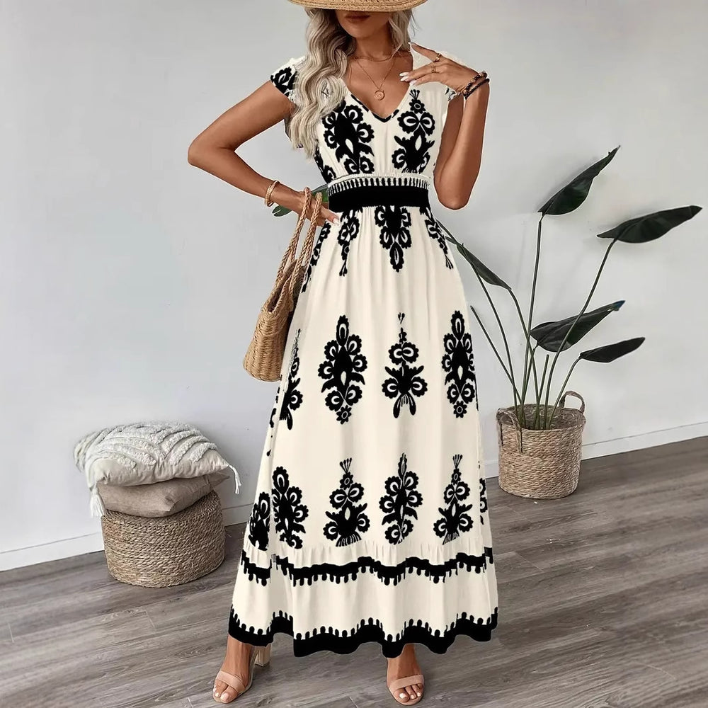 2025 new european and american amazon aliexpress summer fashion printed v-neck waist-defining long dress for women