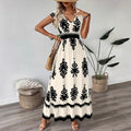 2025 new european and american amazon aliexpress summer fashion printed v-neck waist-defining long dress for women