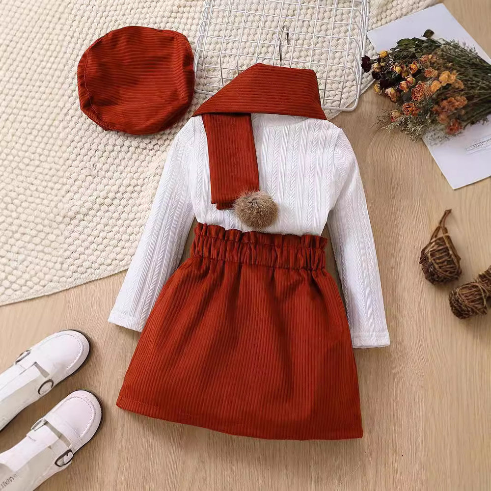 European and american cross-border children's fashion long-sleeved dress set with pom-pom scarf + beret 4-piece outfit
