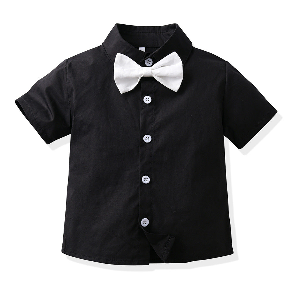 Boys' summer black short-sleeve shirt and overalls set - stylish two-piece outfit for toddlers and young children - trendy street style