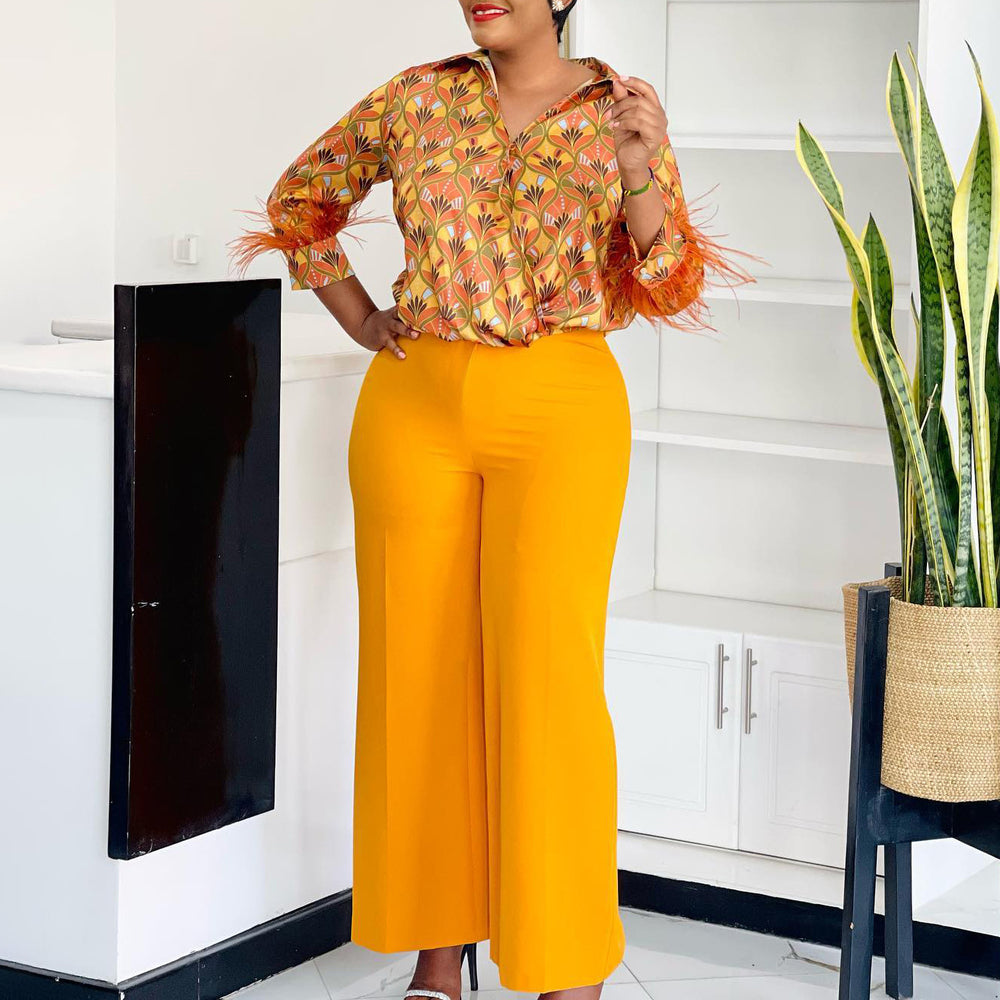 D3342 cross-border supply of european and american clothing  wholesale printed shirt wide-leg pants two-piece set african suit