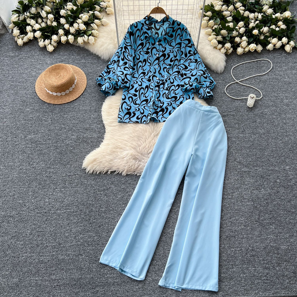 European and american niche style lantern sleeve printed blouse and high-waisted wide-leg casual pants two-piece set - autumn collection