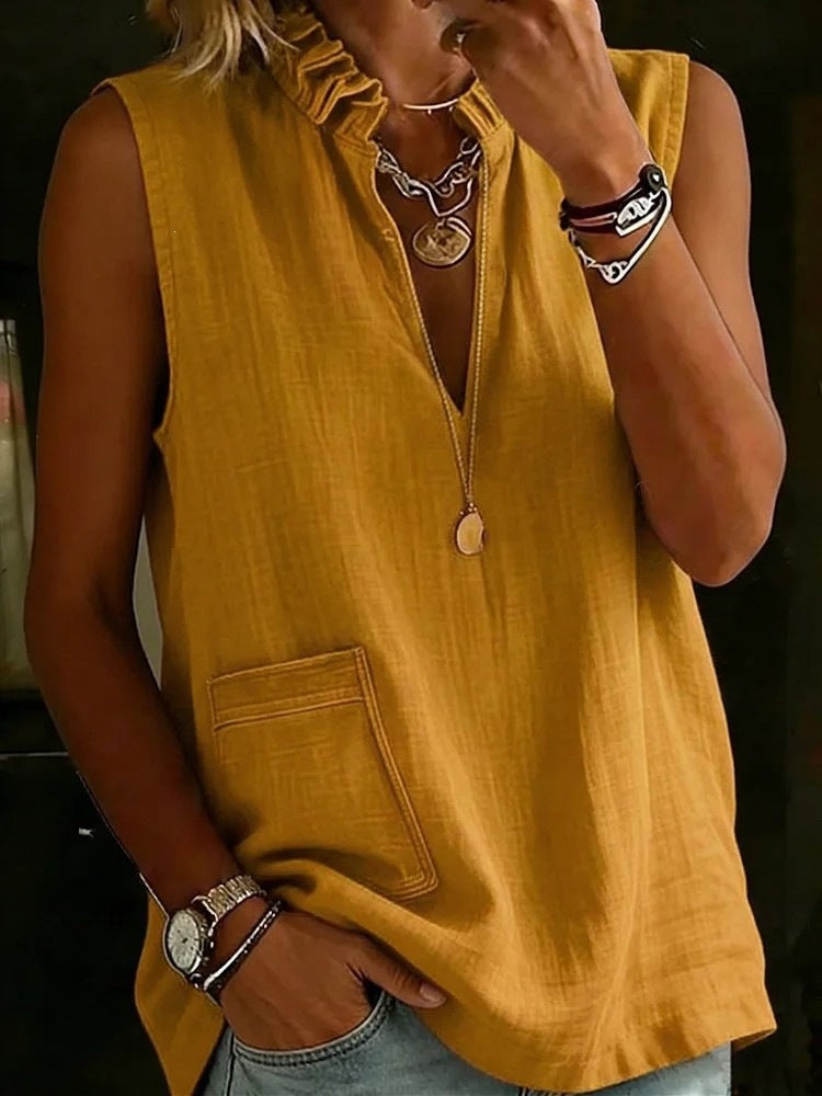 elegance stand collar ruffles cotton and linen shirt summer sleeveless tops
