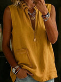 elegance stand collar ruffles cotton and linen shirt summer sleeveless tops