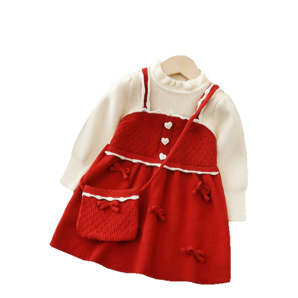 Girls' knitted bowknot dress - new  collection - baby faux two-piece princess dress - autumn/winter girls' dress