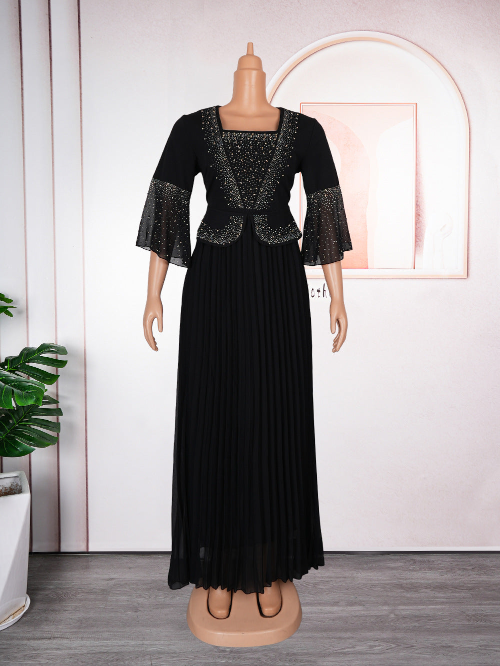 african plus size  beaded pure colordressfashionexport women's clothing fake two-piece set pleated skirt