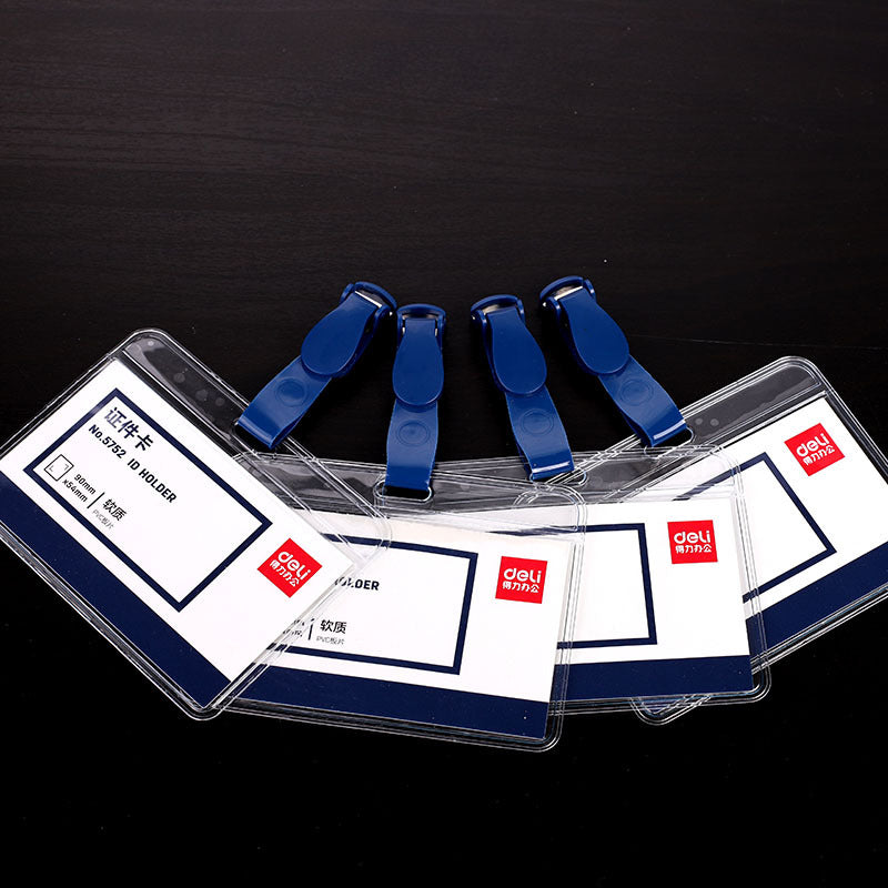 Deli 5752PVC transparent ID card, chest card, chest card, exhibition card with hanging clip, work card, ID cover 50pcs/box