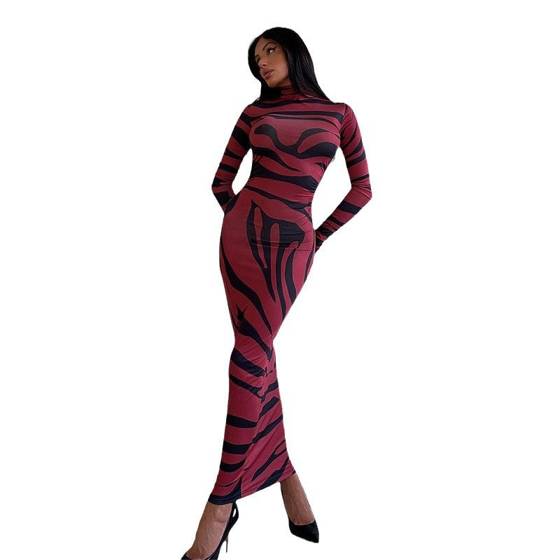 fall/winter european and american style cross-border women's fashion new animal print mock neck long sleeve bodycon mini dress