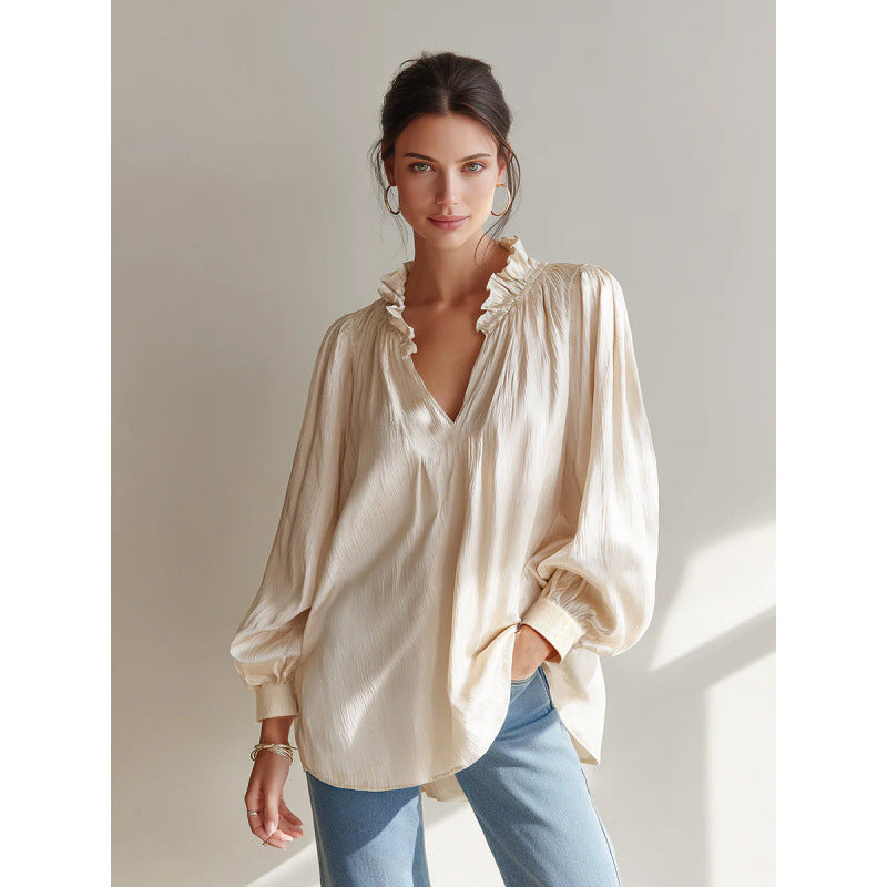 european and american cross-border women's fashion new arrival: v-neck ruffle trim solid color long sleeve versatile blouse