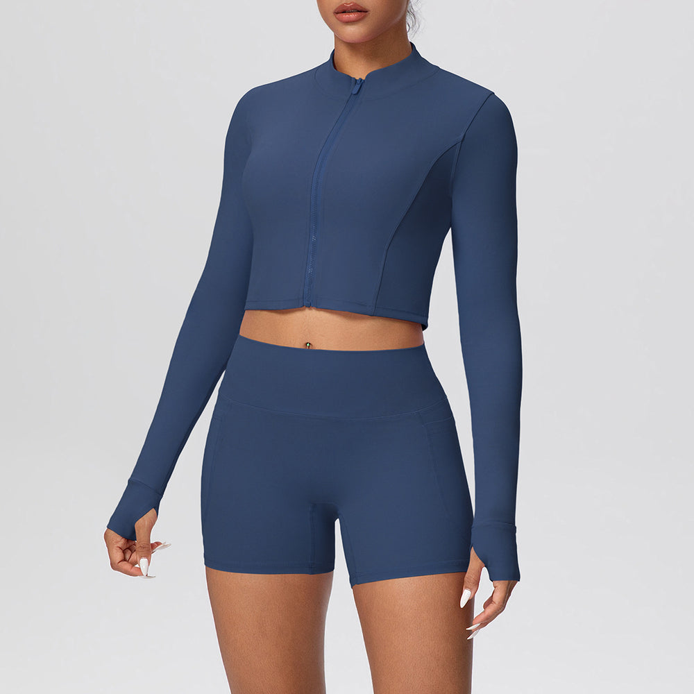 Cloud-feel outerwear short zip-up jacket with butt-lifting pocket shorts, a form-fitting activewear yoga set for women, perfect for running and fitness