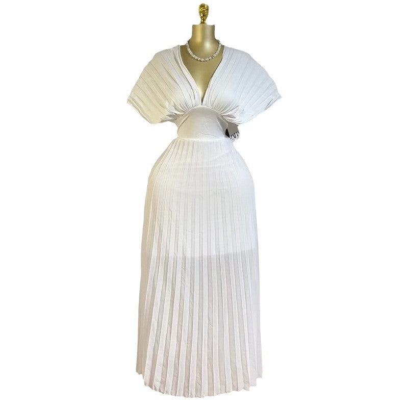 European and american women's clothing  summer new arrival: elegant pleated v-neck batwing sleeve high-waisted a-line maxi dress