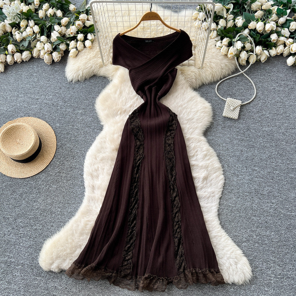 Luxury off-the-shoulder lace trim a-line knit dress - women's summer sleeveless high-end commute chic maxi dress