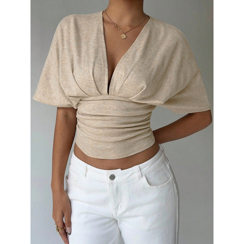 Women's light grey v-neck knotted short sleeve cropped t-shirt, ladies' summer casual wear